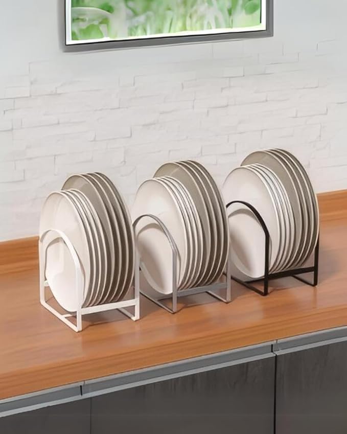4 Pack Kitchen Plate Holder Organizer for Cabinet Space Saver Dinner Dish Storage Rack Upright Dish Drying Racks Metal Plate Dish Racks Stand for Cupboard and Countertop 2 Large 2 Small White