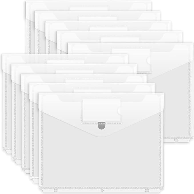 Forvencer Binder Pocket, 10 Pack Super Heavyweight Plastic Folders with Tight Closure, Folders with Pockets Side Loading, Binder Organizer, Binder Dividers with Pockets, Letter Size, Clear