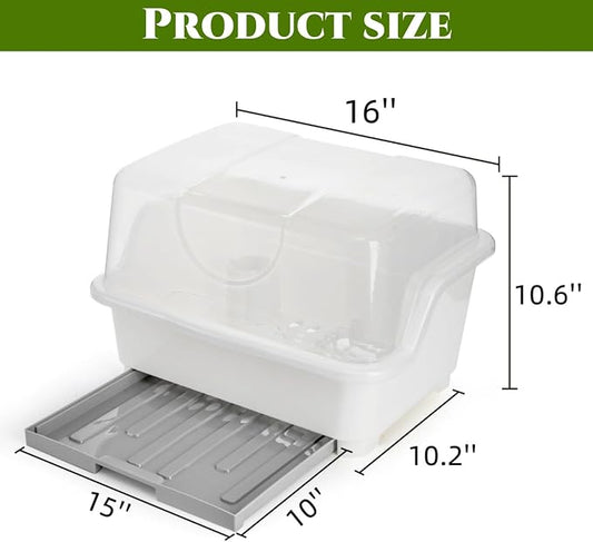 Dish Drying Rack, Plastic Plate Cup Dryer Holder with Lid Removable Drainboard, Cutlery Utensil Dish Nursing Bottle Organizer for Tableware, Kitchen Cabinet