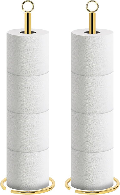 NearMoon Bath Toilet Paper Holder Stand, Freestanding Tissue Paper Storage with Reserve, Space Toilet 4 Rolls Holder for Bathroom/Kitchen Countertop-All Metal (2 Pack, Chrome Gold)
