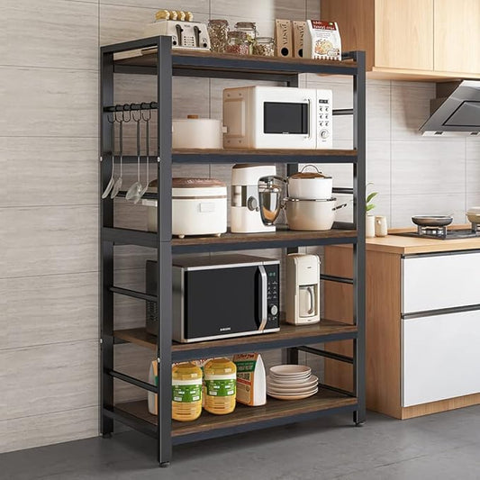 NAIYUFA 5-Tiers Bakers Rack,Microwave Oven Stand with Shelves,5 Tier Utility Storage Shelf with 5 Hooks,Multifunctional Shelf for Kitchen,Bathroom,Livingroom,Storehouse...