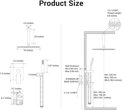 10" Square Ceiling Rain Shower Faucet Set, Chrome | Anti-scald cartridge, air tech boosts pressure 30%, dual spray, NPT 1/2