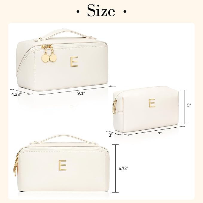 Valentine's Day Gifts for Women Teen Girl, Personalized Initial Makeup Organizer Bag Set, Open Flat Travel Cosmetic Bag With Clear Divider and Handle(Beige,E)