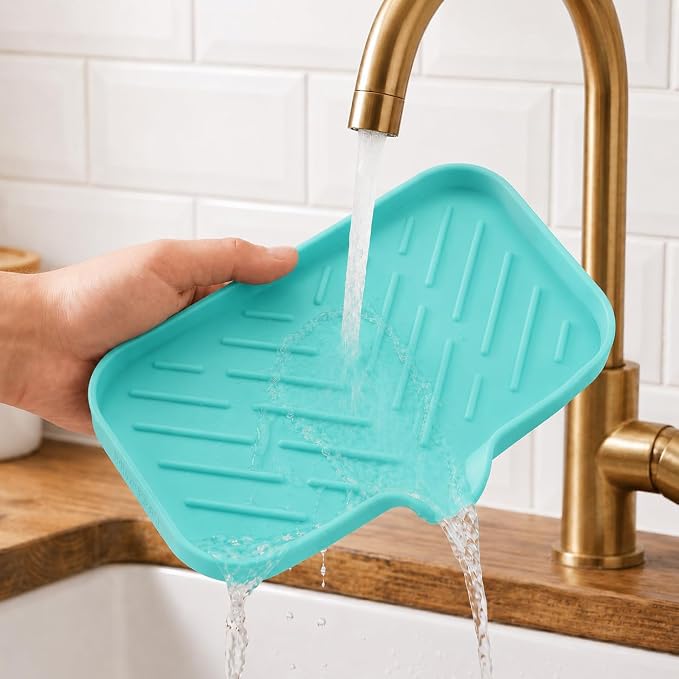 MicoYang Silicone Soap Dish with Drain Spout — Self-Draining Sink Organizer Tray for Bathroom & Kitchen, Sponges, Dispensers & Soap Holder, Non-Slip & Dishwasher Safe, Mint (Medium, 9.6"×5.3")