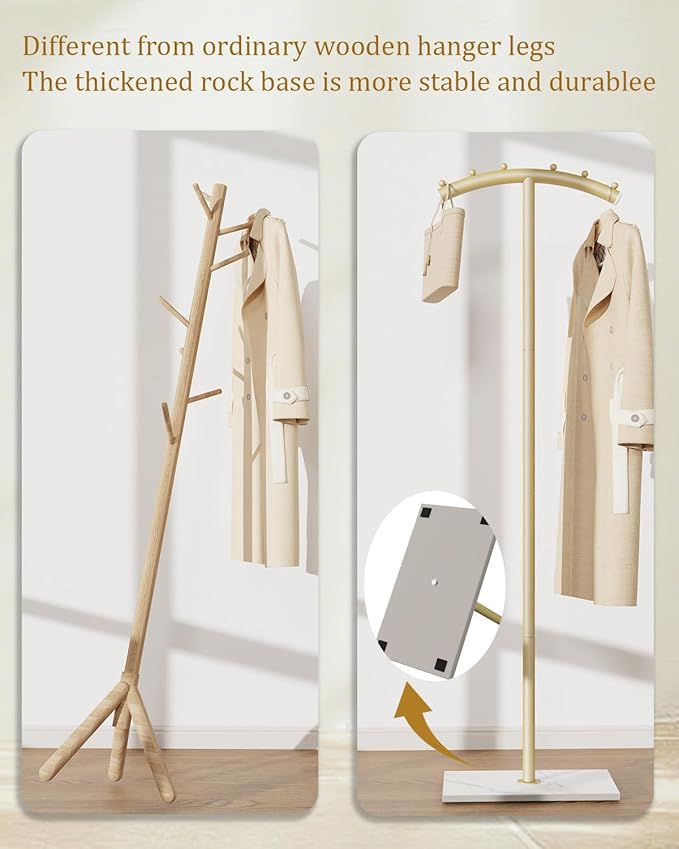 Arcuate Garment Rack, T-shaped Coat Tree Freestanding, Metal Coat Racks, Natural Stable Rock Base, Suitable For Entrances, Corridors, Halls, 68.9in, Gold
