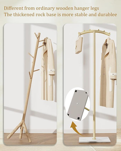 Arcuate Garment Rack, T-shaped Coat Tree Freestanding, Metal Coat Racks, Natural Stable Rock Base, Suitable For Entrances, Corridors, Halls, 68.9in, Gold