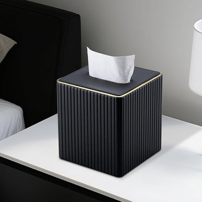 KINGFOM Tissue Box Cover, PU Leather Square Tissue Box Holder for Kleenexs with Magnetic Bottom Cover for Facial Tissues/Napkins, Office & Living Room Decor Box Black