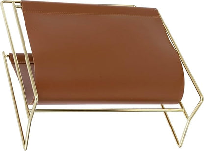 MyGift 13 inch Modern Caramel Leatherette Magazine Holder Floor Standing Sling Style Rack with Brass Tone Metal Frame