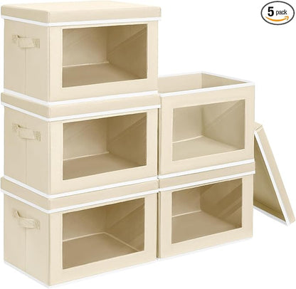 Homsorout Storage Cubes with Lids - 5 Pack Foldable Clear Window Storage Bins, Large Decorative Storage Bins with Handles, Storage Containers for Clothes, Towel, Blanket, Sheet, Beige