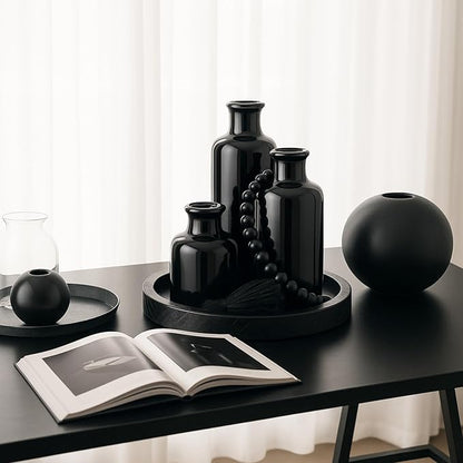 5 Pcs Rustic Tabletop Centerpieces Decor Set of 3 Boho Ceramic Vases with Wooden Serving Tray Wood Bead Garland Tassels Table Holder for Home Decorations (Black)
