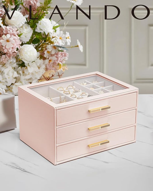 VLANDO Jewelry Box for Women, Glass Lid Jewelry Organizer with 3 Drawers for Necklaces Rings Earrings Bracelets Mother Day Gift for Mom - Dark Pink