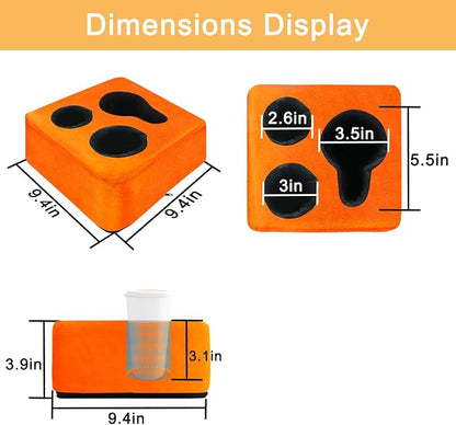 3 Hole Couch Bed Cup Holder Pillow, Keep Drinks Hand Side and KeepTemp, Prevent Spills, Use Anywhere - for Bed, Camping, RV, Car, Beach. Orange