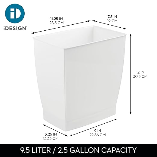 iDesign,Plastic Spa Rectangular Trash, Waste Basket Garbage Can for Bathroom, Bedroom, Home Office, Dorm, College, 2.5 Gallon, White