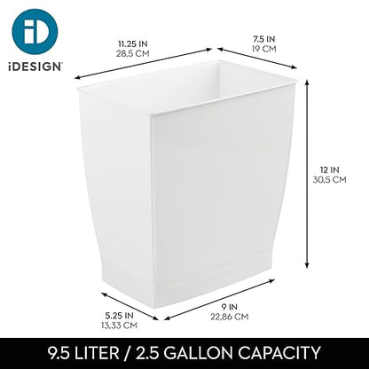 iDesign,Plastic Spa Rectangular Trash, Waste Basket Garbage Can for Bathroom, Bedroom, Home Office, Dorm, College, 2.5 Gallon, White