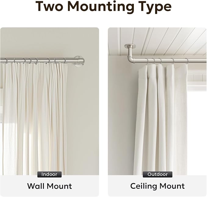 Zeerobee Curtain Rods for Windows 120 to 240, 1 Inch Industrial Wrap Around Brushed Nickel Curtain Rod, Indoor/Outdoor Room Divider Adjustable Drapery Pole, 120"-240"