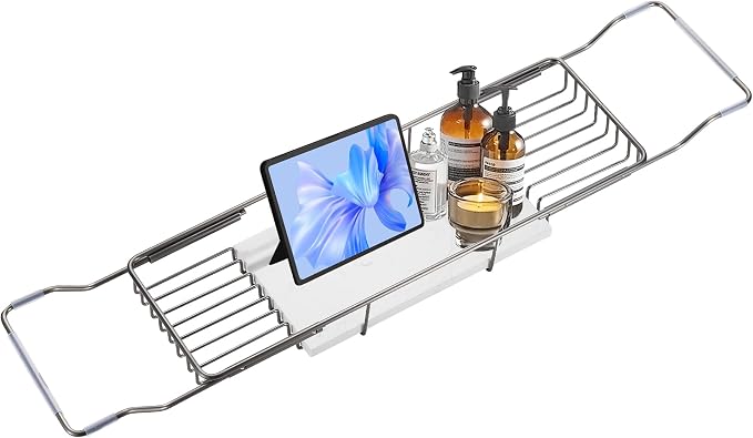 BVL Bathtub Tray Stainless Steel with Marble Base Gun Gray Bathtub Tray with White Marble Base Adjustable & Rustproof Bath Caddy for Spa, Relaxation, Bath Bombs