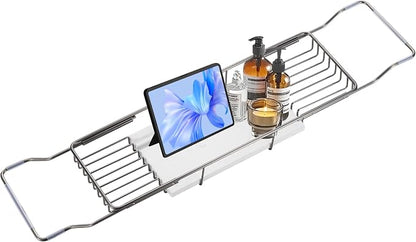 BVL Bathtub Tray Stainless Steel with Marble Base Gun Gray Bathtub Tray with White Marble Base Adjustable & Rustproof Bath Caddy for Spa, Relaxation, Bath Bombs