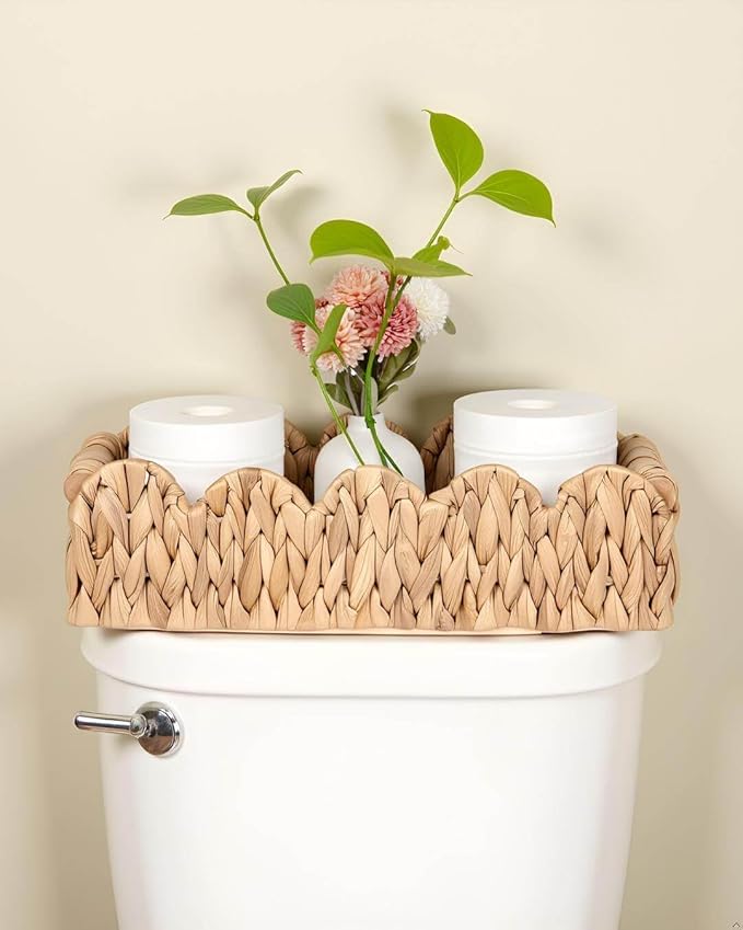 Scalloped Decorative Toilet Paper Storage Basket, Wicker Rattan Farmhouse Rustic Home Decor Basket for Shelves Pantry Organizing, Bedroom, Living Room, Hyacinth Bin w/Wood Handles, Natural