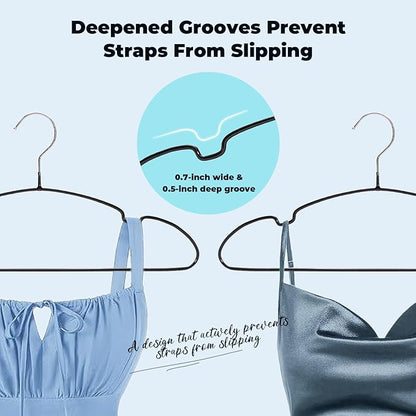 Black Metal Hangers 30 Pack, Rubber Coated Non Slip Stainless Steel Hanger, Space Saving and Heavy Duty 20Lbs Capacity for Clothes, Suit, Shirt, Coat, Dress, Camisole
