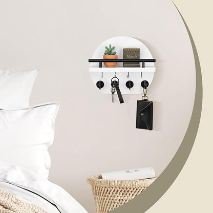 Nekon Key Holder for Wall - 9.8 Inch Apartment Wall Decor with Shelf and 8 Key Hooks, Circular Wood Key Hanger for Home Decor (White)