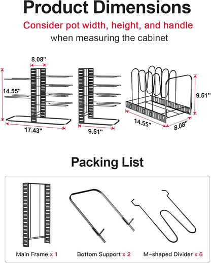 MUDEELA Pots and Pans Organizer Rack under Cabinet 14.55in Height, 8-Tiers Adjustable Pot Rack with 3 DIY Methods, Pot Lid Organizer inside Cabinet for Kitchen Pantry Organization and Storage