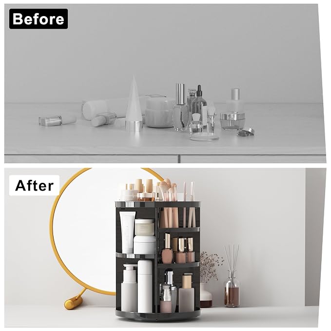 Rotating Makeup Organizer, DIY 8 Adjustable Layers Spinning Skincare Storage, Cosmetic Display Case with Brush Holder and Perfume Tray, Multi-Function Vanity Bathroom Countertop Organizer Black