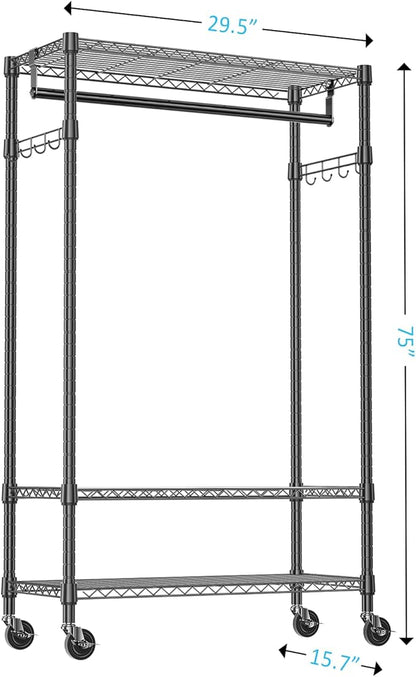 IZEUK Heavy Duty Rolling Garment Rack Wire Clothes Rack for Hanging Clothes (Black, 3 Tier with 2 Rod, 29.5" W x 15.7" D x 75" H)