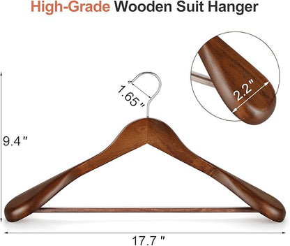 TOPIA HANGER Wide Shoulder Wooden Hangers, Suit Hangers with Non Slip Pants Bar & 360° Swivel Hook, Solid Wood Heavy Duty Coat Hanger, 10 Pack (Walnut)-CT02WA-10