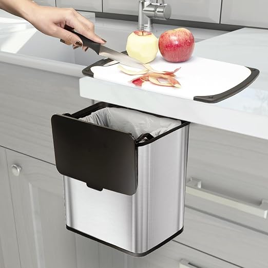Glad Roomate Stainless Steel Under Counter Waste Bin with Clorox Odor Protection | Space Saving Dual Lid Small Trash Can for Kitchen Cabinet, Bathroom or Office, 1.5 Gallon (6L)