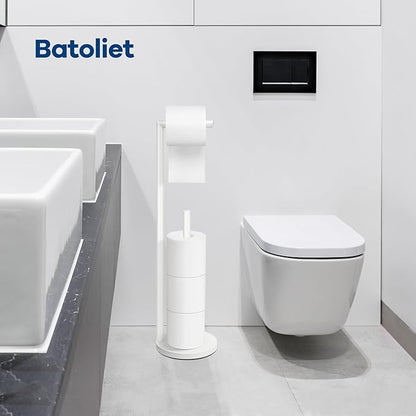 Toilet Paper Holder Stand, Bathroom Toilet Paper Roll Holder Stand with Reserve, Standing Toilet Paper Holder with Storage,Toilet Paper Roll Holder for 4 Rolls, White