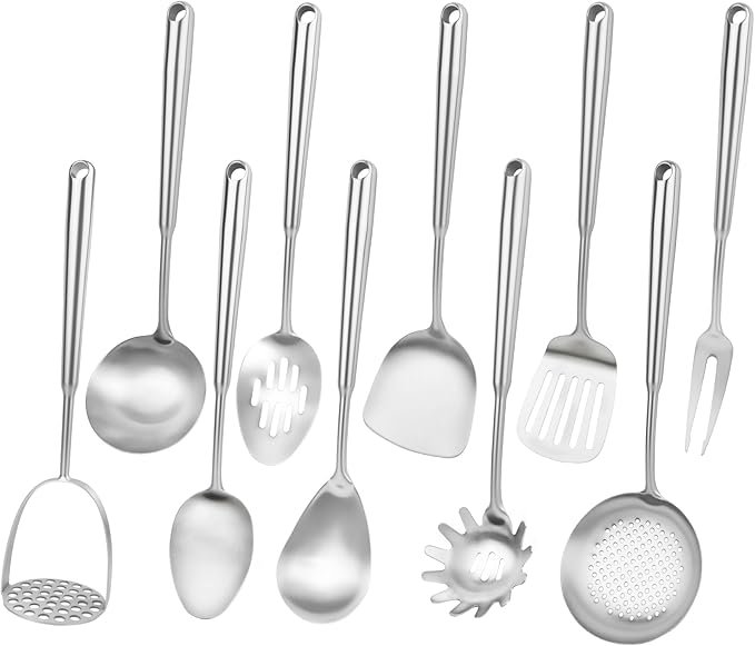 18 10 Stainless Steel Cooking Utensils Set, 10pcs Long Metal Kitchen Utensils Set Come with Spoon, Fork, Spatula, Ladle, Skimmer, Turner, Pasta Server(13-14inch)