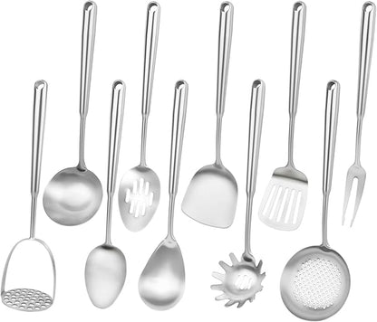 18 10 Stainless Steel Cooking Utensils Set, 10pcs Long Metal Kitchen Utensils Set Come with Spoon, Fork, Spatula, Ladle, Skimmer, Turner, Pasta Server(13-14inch)
