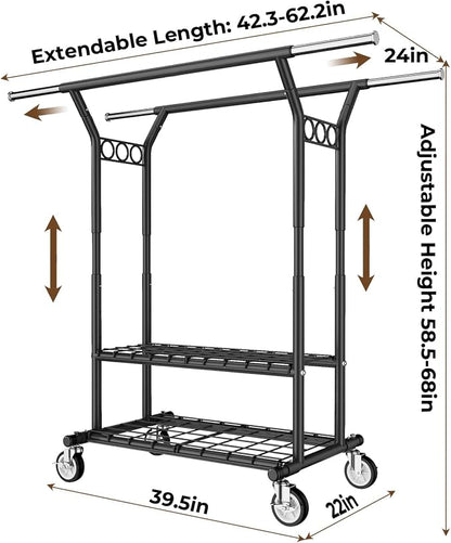 HYSEYY Heavy Duty Clothes Rack, Rolling Clothing Rack With Shelves Load 620 LBS, Double Rod Clothing Racks for Hanging Clothes, Portable& Adjustable Clothes Rack with Wheels,Black