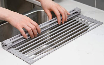 Surpahs 17.5 x 13.1 Inch Roll-Up Dish Drying Rack, Fits Across Sink Openings up to 16.5 Inches, Heavy-Duty Premium Silicone, Strong Support, Non-Slip, Heat-Resistant, Warm Gray