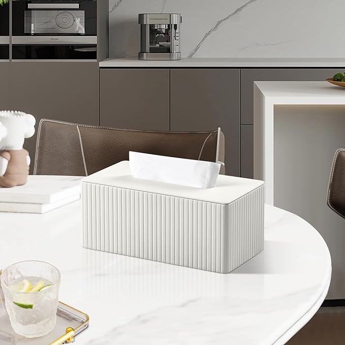 MEIBOOCH PU Leather Tissue Box Cover for 120(3-Ply)/ 160(2-Ply) Count Box of Tissues, Rectangle Tissue Box Holder for Bathroom Bedroom Living Room Office (Ivory Stripe)