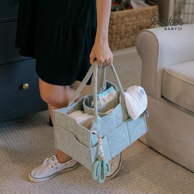 Parker Baby Diaper Caddy - Nursery Storage Bin and Car Organizer for Diapers and Baby Wipes - Sage Green, Regular