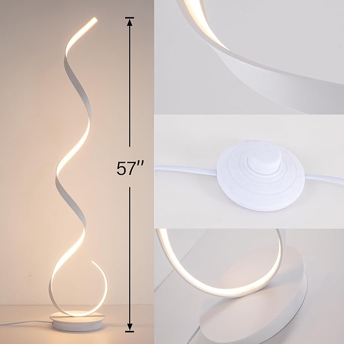 57inch Spiral LED Floor Lamp, 3 Light Color Remote Dimmable Torchiere Super Bright for Beside Living Rooms Offices (White)