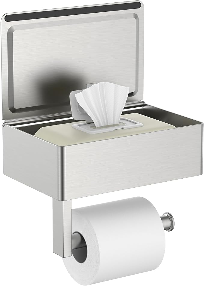 FORIOUS Toilet Paper Holder with Shelf, Sanitary Napkin Receptacle Tampon Holder, Wall Mount Toilet Paper Holder with Storage, Flushable Wipes Dispenser Fits for Bathroom Commercial(1, Brushed Nickel)