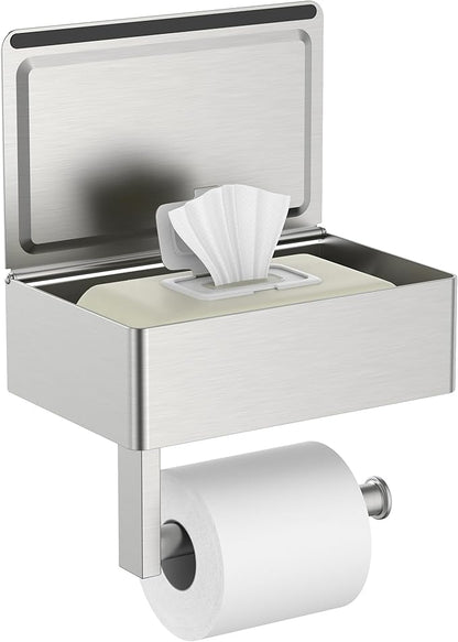 FORIOUS Toilet Paper Holder with Shelf, Sanitary Napkin Receptacle Tampon Holder, Wall Mount Toilet Paper Holder with Storage, Flushable Wipes Dispenser Fits for Bathroom Commercial(1, Brushed Nickel)