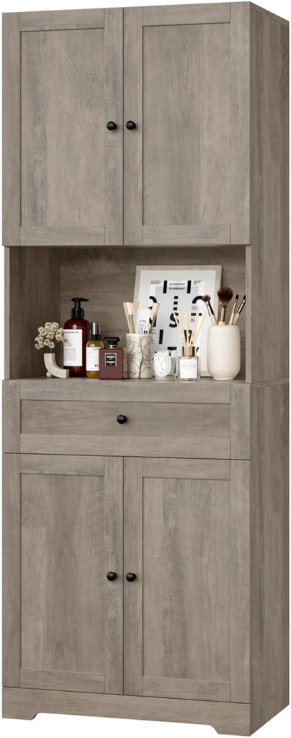 Tall Bathroom Storage Cabinets with Drawer, Farmhouse Linen Cabinet with Doors & Shelves, 67” Tall Storage Cabinet Freestanding for Bathroom, Dining Room, Kitchen, Pantry, Laundry, Narrow Corner,Brown