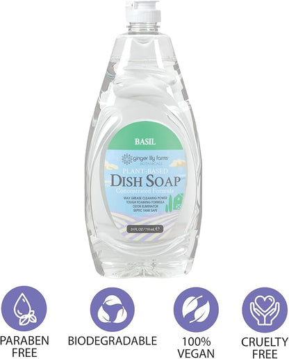 Ginger Lily Farms Botanicals Plant-Based Liquid Dish Soap, Concentrated Formula with Max Grease Cleaning Power, Cruelty-Free, Basil Scent, 24 Fl Oz (Pack of 8)