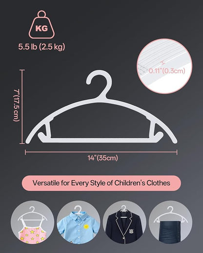 100 Pack Kids Hangers, Non-Slip & Sturdy Coat Hangers, Ultra-Thin Plastic Suit Hangers for 7-12 Years Old, Dry & Wet Dual-Use Multi-Scenario Storage, Holds Up to 11 LB, 14"W , White, UAPY09100W