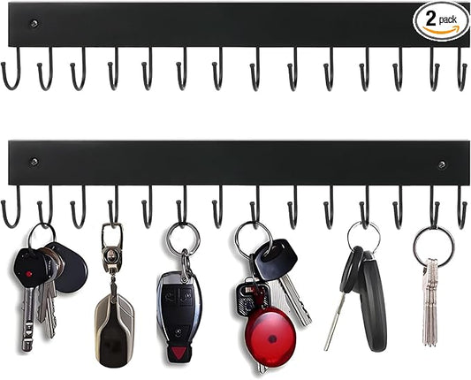 2Pack Key Holder Wall Mount with 28 Rotating 180° Key Hooks, 14.6" Rustproof Organizer Hanger for Apartment Decor, Wall Storage Rack for Entryway, Living Room, Hallway, Bathroom, Kitchen(Black)