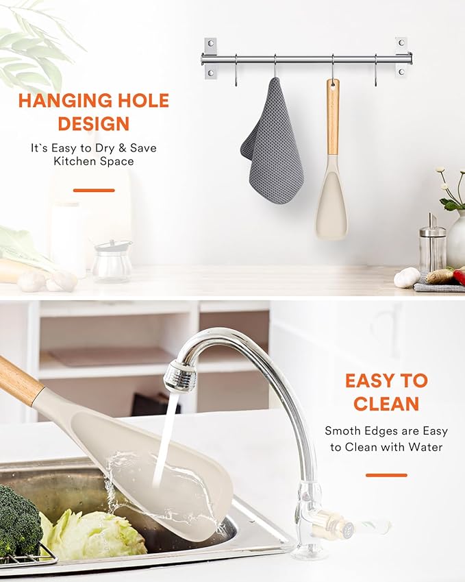 Cooking Spoon for Nonstick Cookwares, Great for Cooking and Serving Sturdy BPA-Free Matte Silicone, Wood Handle Spoon for Mixing, Scoop, and Scrape (KHAKI, 13.4 inch)