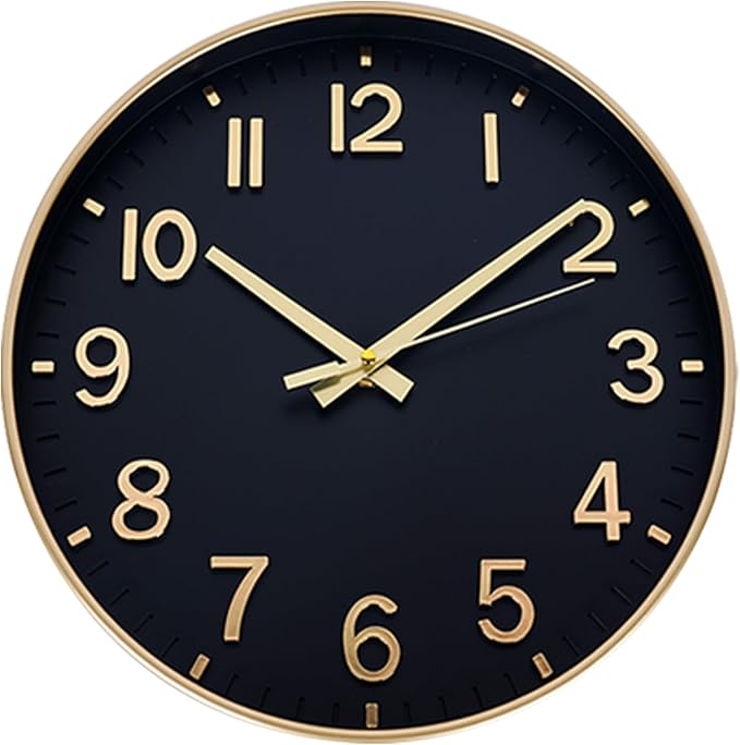 HZDHCLH Wall Clocks Battery Operated,Wall Clock Black Gold,12 inch Wall Clock Silent Non Ticking Modern 3D Numbers for Kitchen Bedroom Living Room Office Classroom Decor
