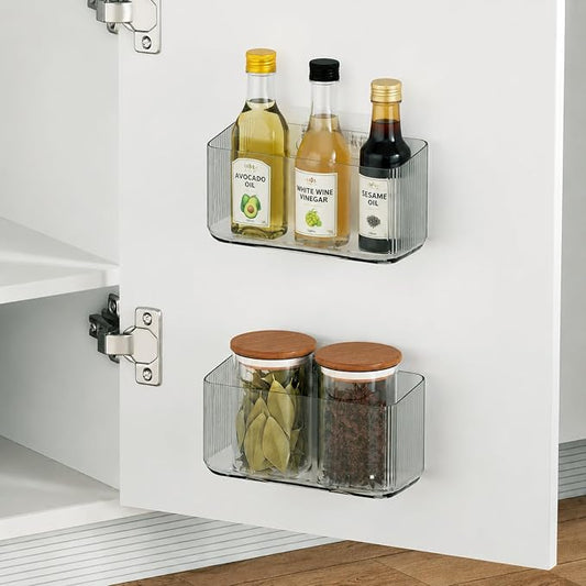 Cruet stands, 2 Pack Cabinet Door Organizers Plastic Wrap Holders for Kitchen Organizers, No drilling Wall Door Mount Kitchen Wrap Rack for Foil Wrap, Cling Wrap, and Food Bags, Clear Grey
