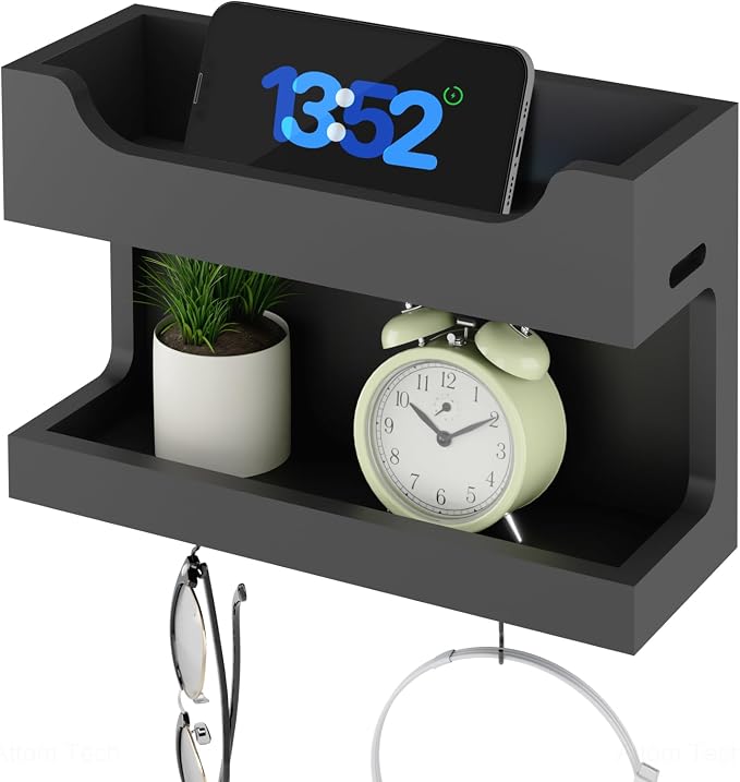 NiHome Wall Mounted Wooden Bedside Accessories Organizer, Double Tray Bedside Storage Shelf Rack with Magnetic Hooks, Bedroom Dorm RV Wall Caddy Holder for Phone Glasses Alarm Clock Remote (Black)