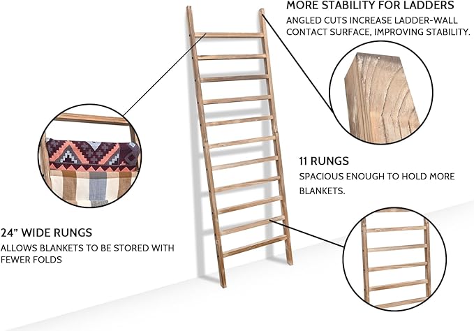 FUIN 6.4ft Extra Wide Wooden Blanket Ladder Living Room Decorative Wal Leaning Farmhouse Quilt Display Holder Rustic Wood Towel Rack for Bathroom, Burnt Brown, 24 inch Wide with 11 Rungs