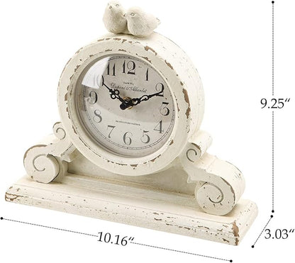 NIKKY HOME Vintage Mantel Table Clock with 2 Birds, Silent Non-Ticking Battery Operated Desk Shelf Rustic Wooden Clock for Living Room Decor - Distressed White