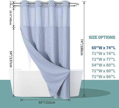 Blue No Hook Waffle Weave Shower Curtain with snap-in Liner Replacement, 230GSM Waterproof Fabric Hotel Shower Curtain Set for Bathroom, Through Mesh Top Window,60Wx74H